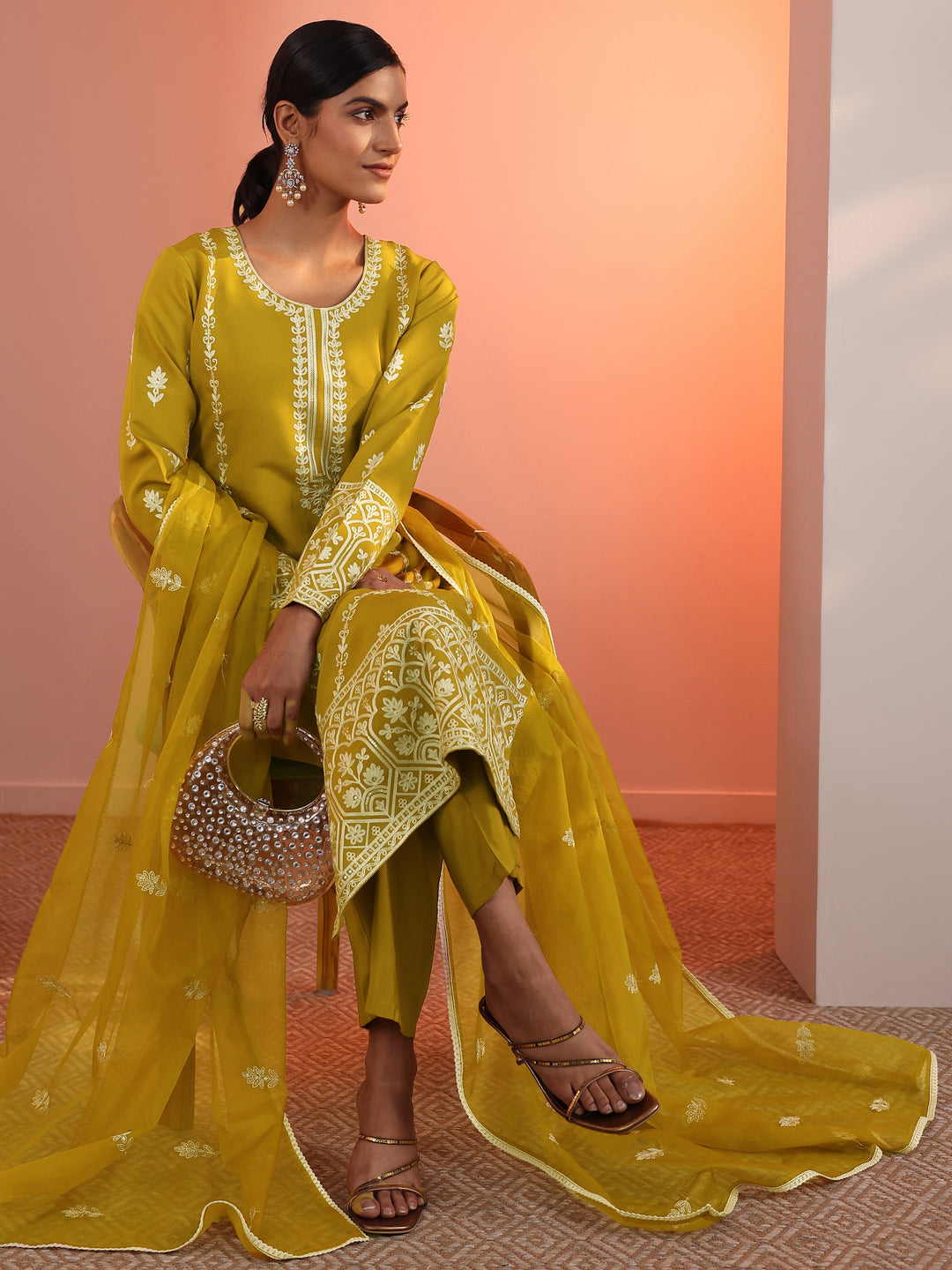 Mustard Embroidered Silk Blend Straight Suit Set With Dupatta