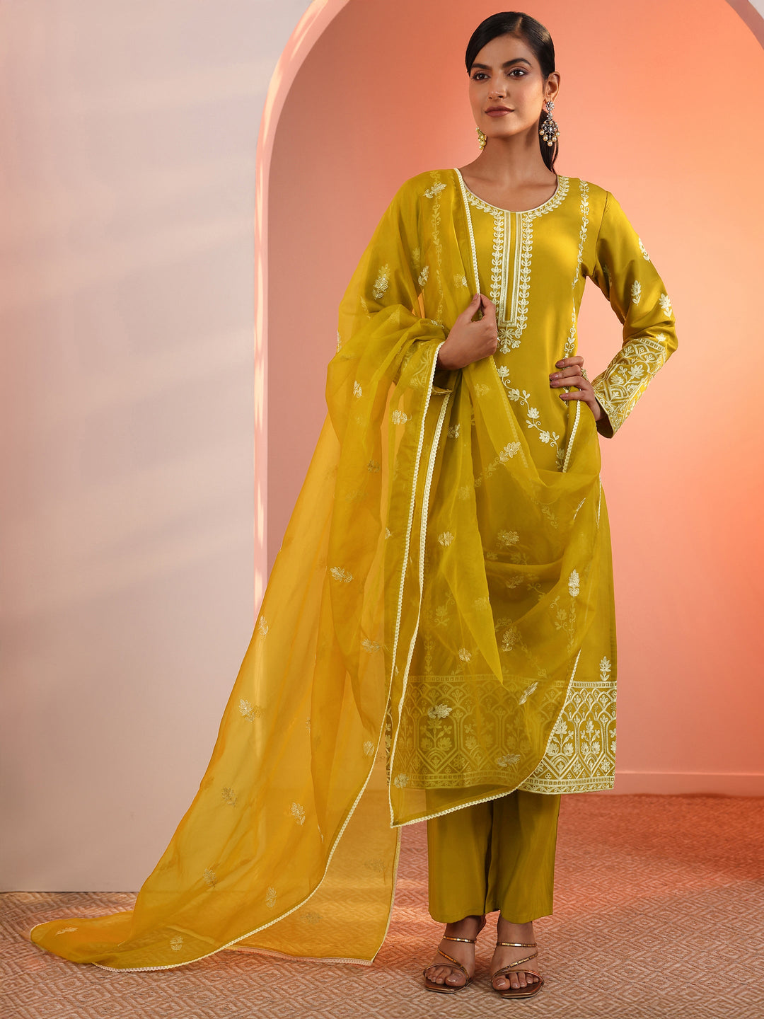 Mustard Embroidered Silk Blend Straight Suit Set With Dupatta