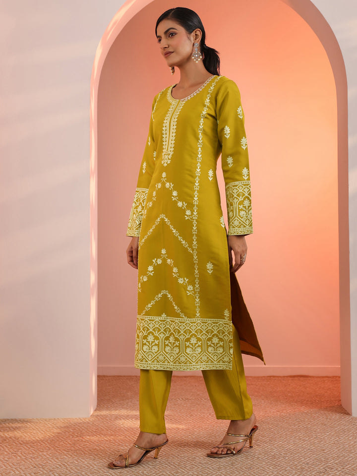 Mustard Embroidered Silk Blend Straight Suit Set With Dupatta