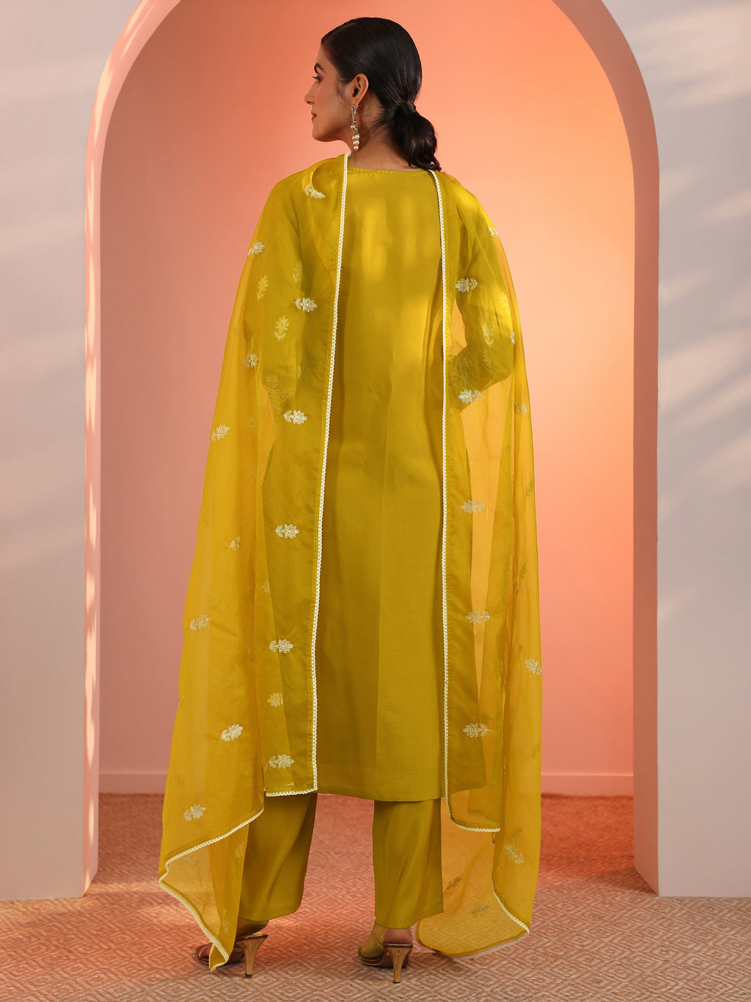 Mustard Embroidered Silk Blend Straight Suit Set With Dupatta