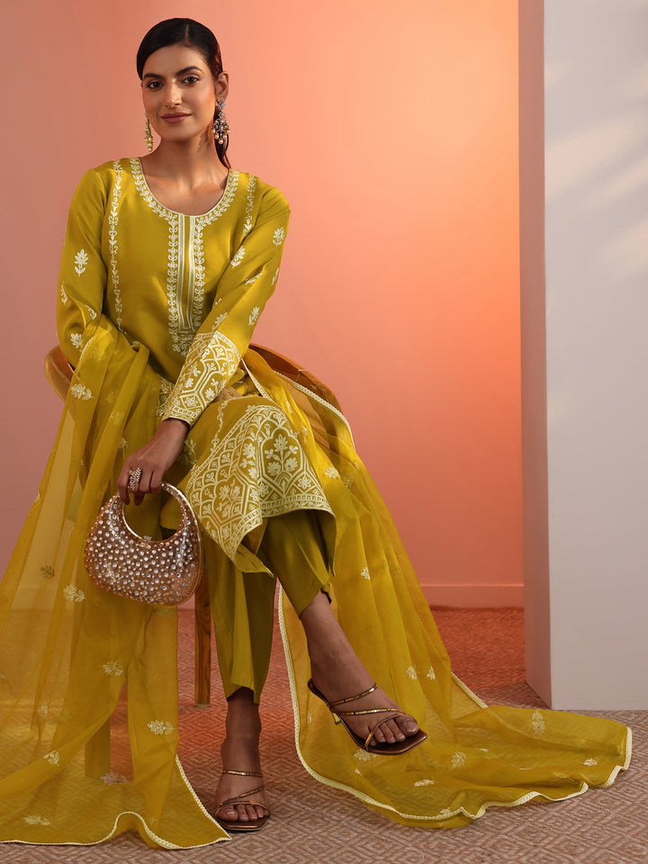 Mustard Embroidered Silk Blend Straight Suit Set With Dupatta