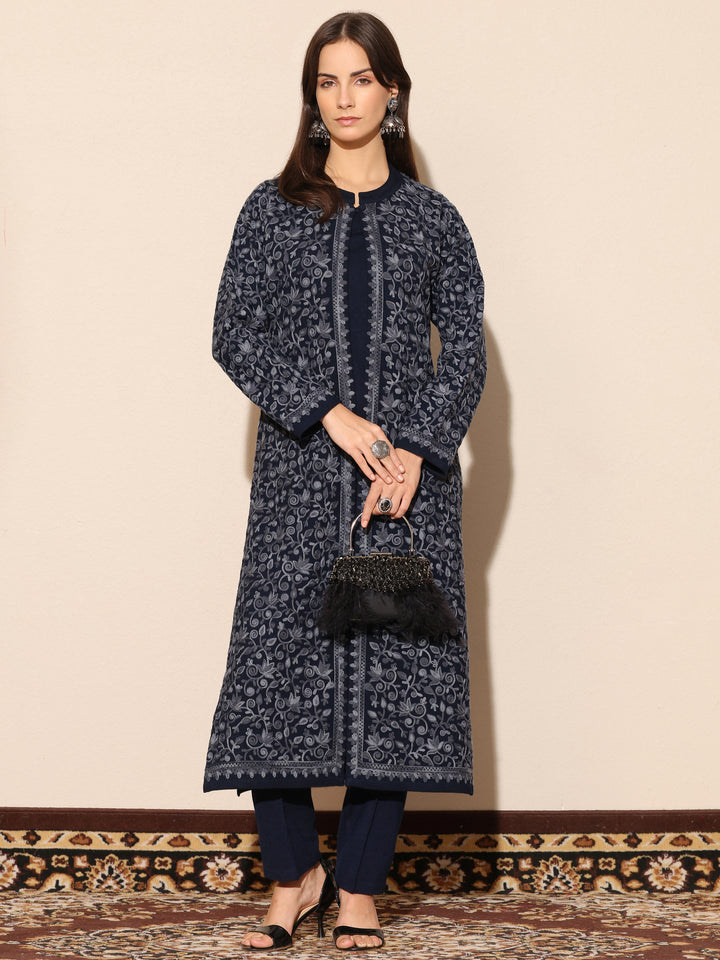 Navy Blue Embroidered Wool Straight Kurta Set
