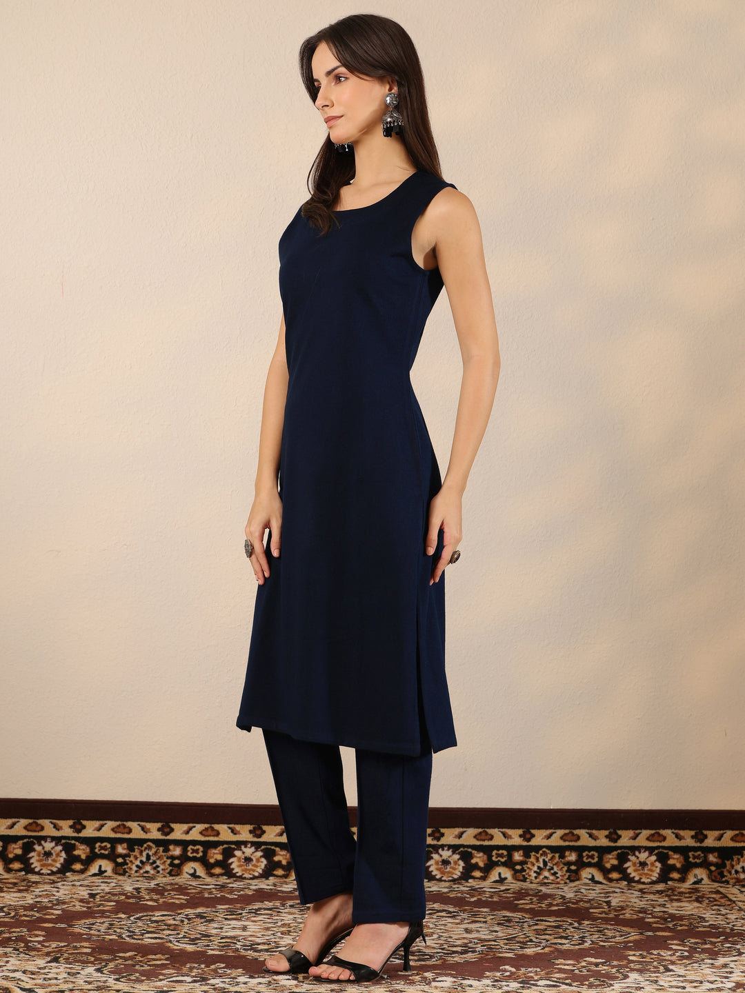 Navy Blue Embroidered Wool Straight Kurta Set
