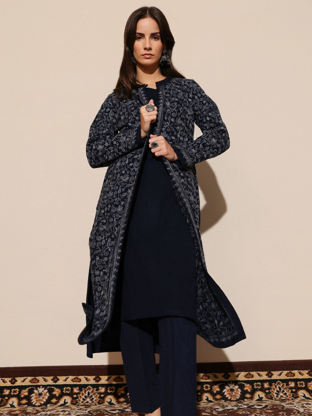 Navy Blue Embroidered Wool Straight Kurta Set