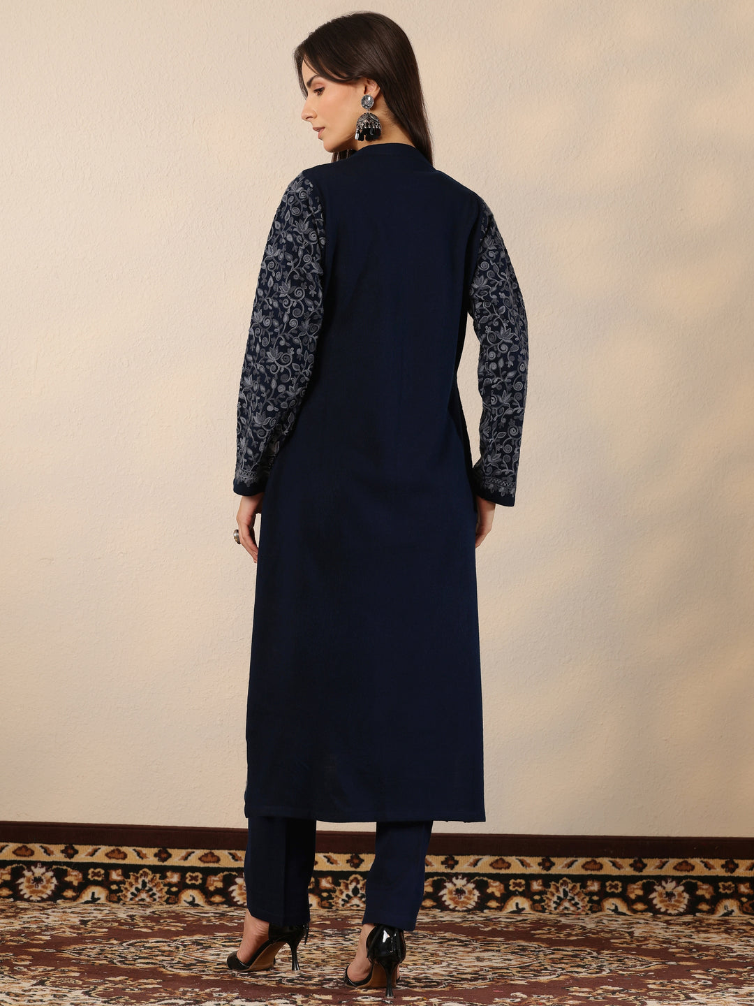 Navy Blue Embroidered Wool Straight Kurta Set