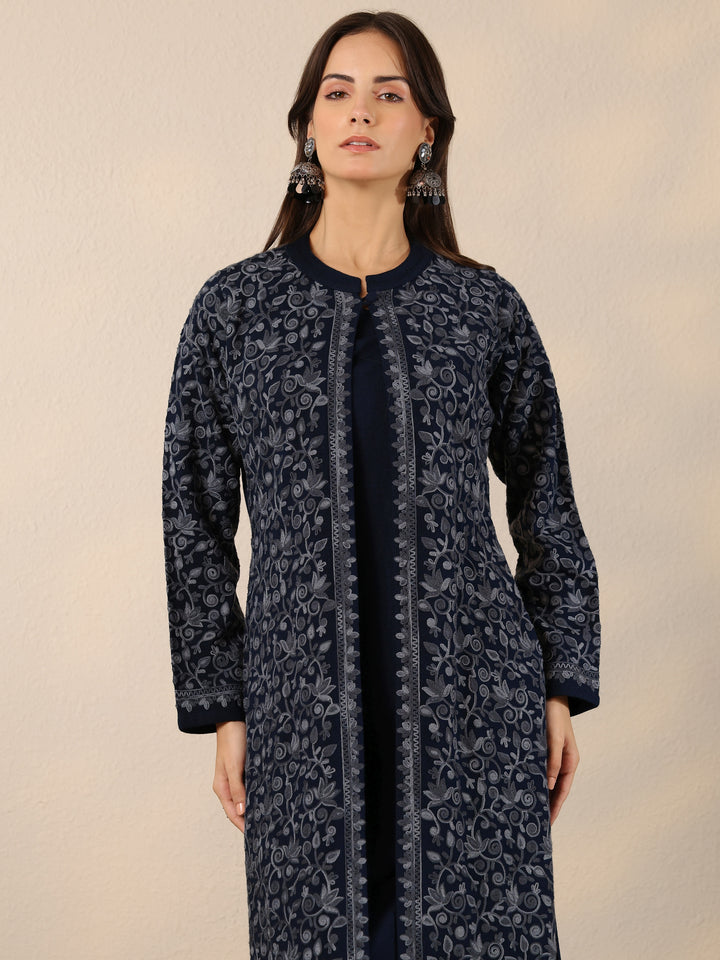 Navy Blue Embroidered Wool Straight Kurta Set