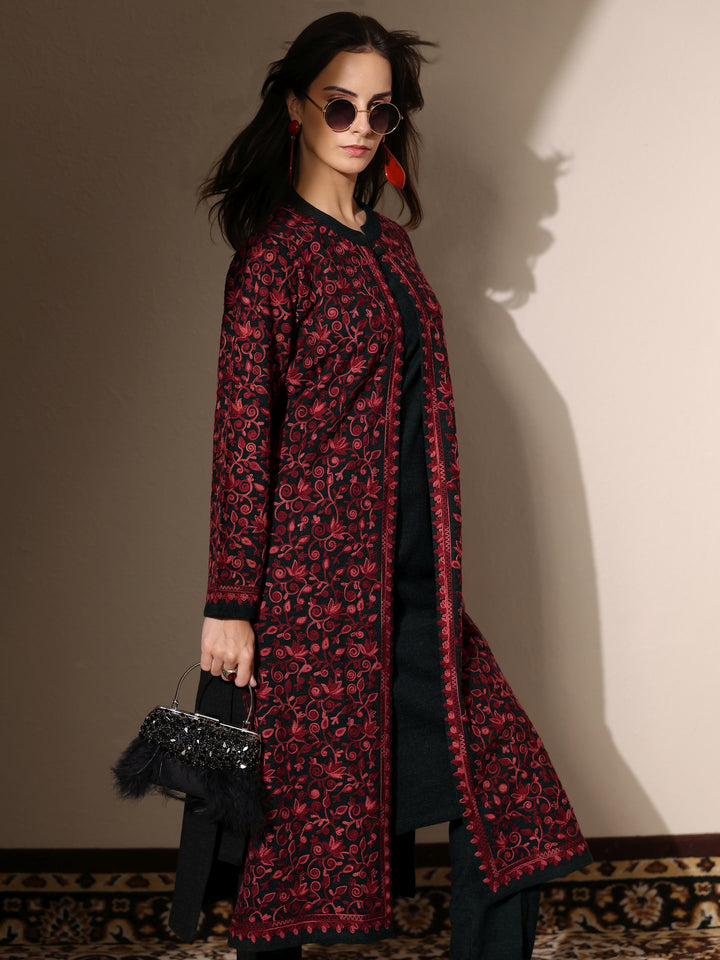 Red Embroidered Wool Straight Kurta Set