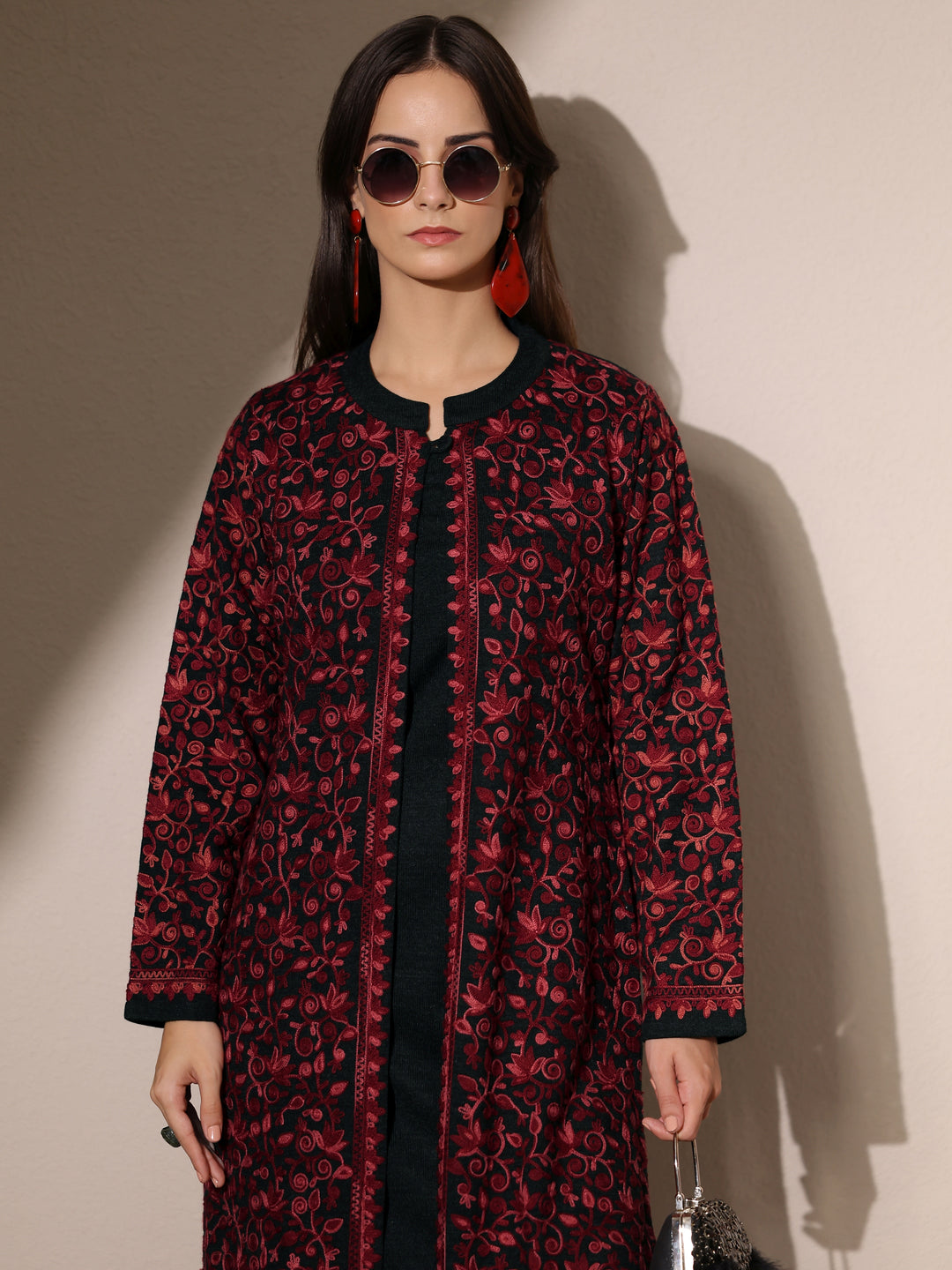 Red Embroidered Wool Straight Kurta Set