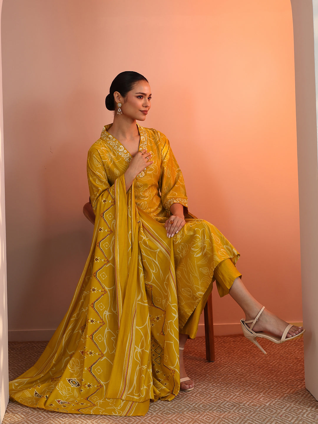Mustard Printed Silk Blend Straight Suit Set With Dupatta