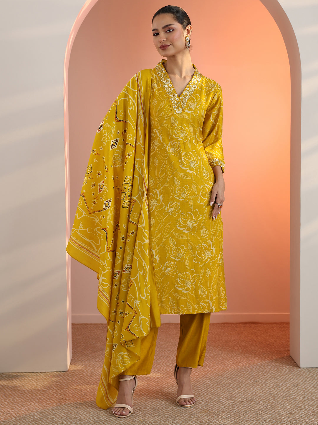 Mustard Printed Silk Blend Straight Suit Set With Dupatta