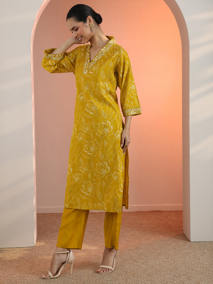 Mustard Printed Silk Blend Straight Suit Set With Dupatta
