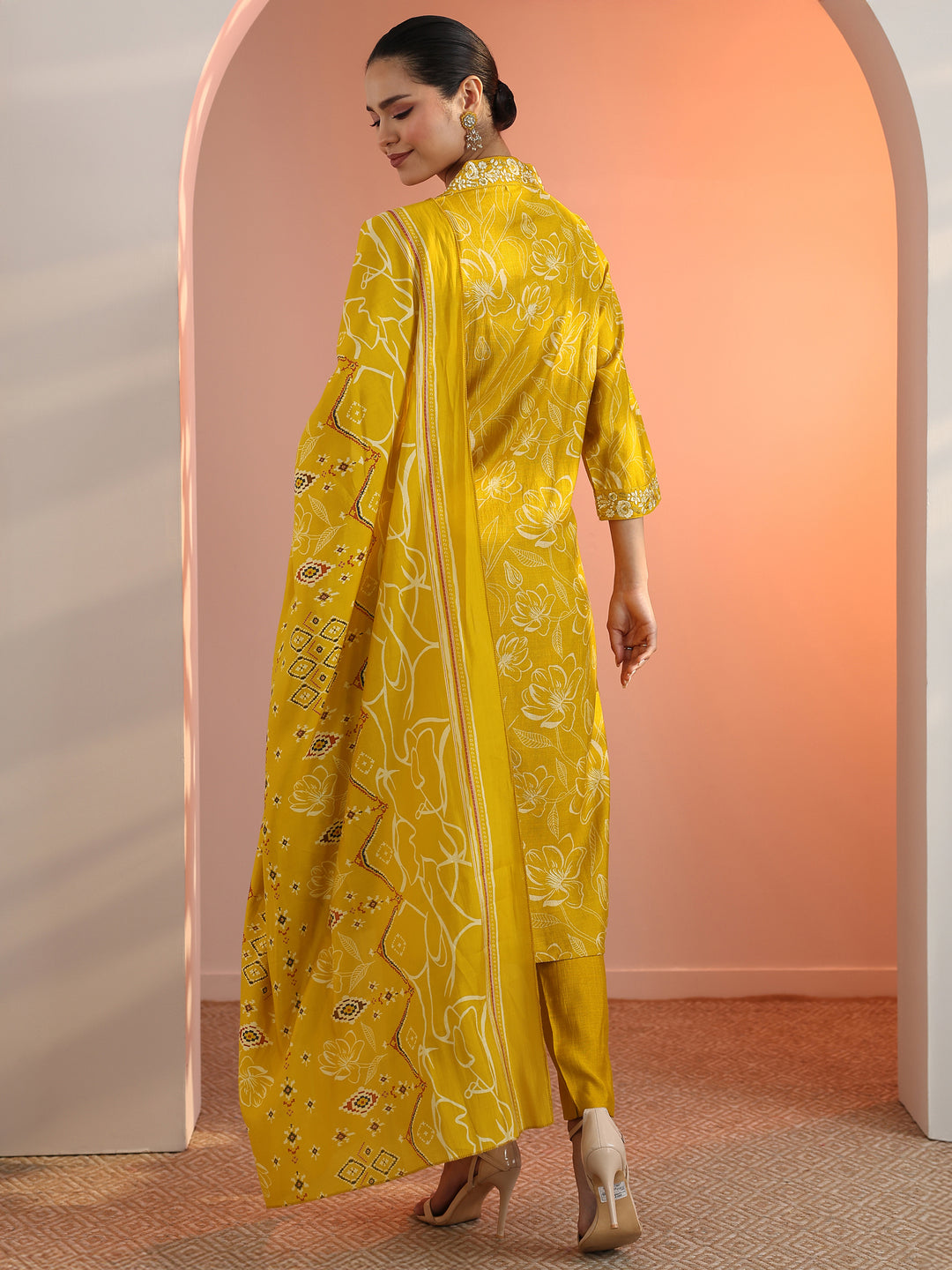 Mustard Printed Silk Blend Straight Suit Set With Dupatta