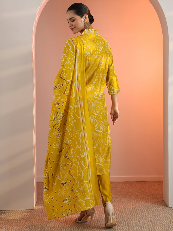 Mustard Printed Silk Blend Straight Suit Set With Dupatta