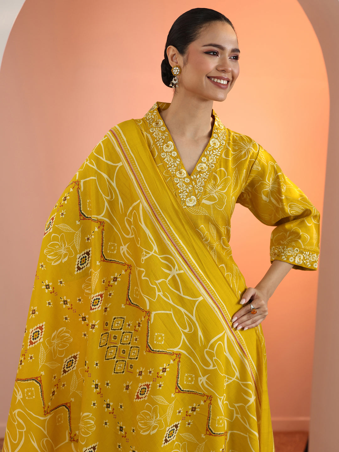 Mustard Printed Silk Blend Straight Suit Set With Dupatta