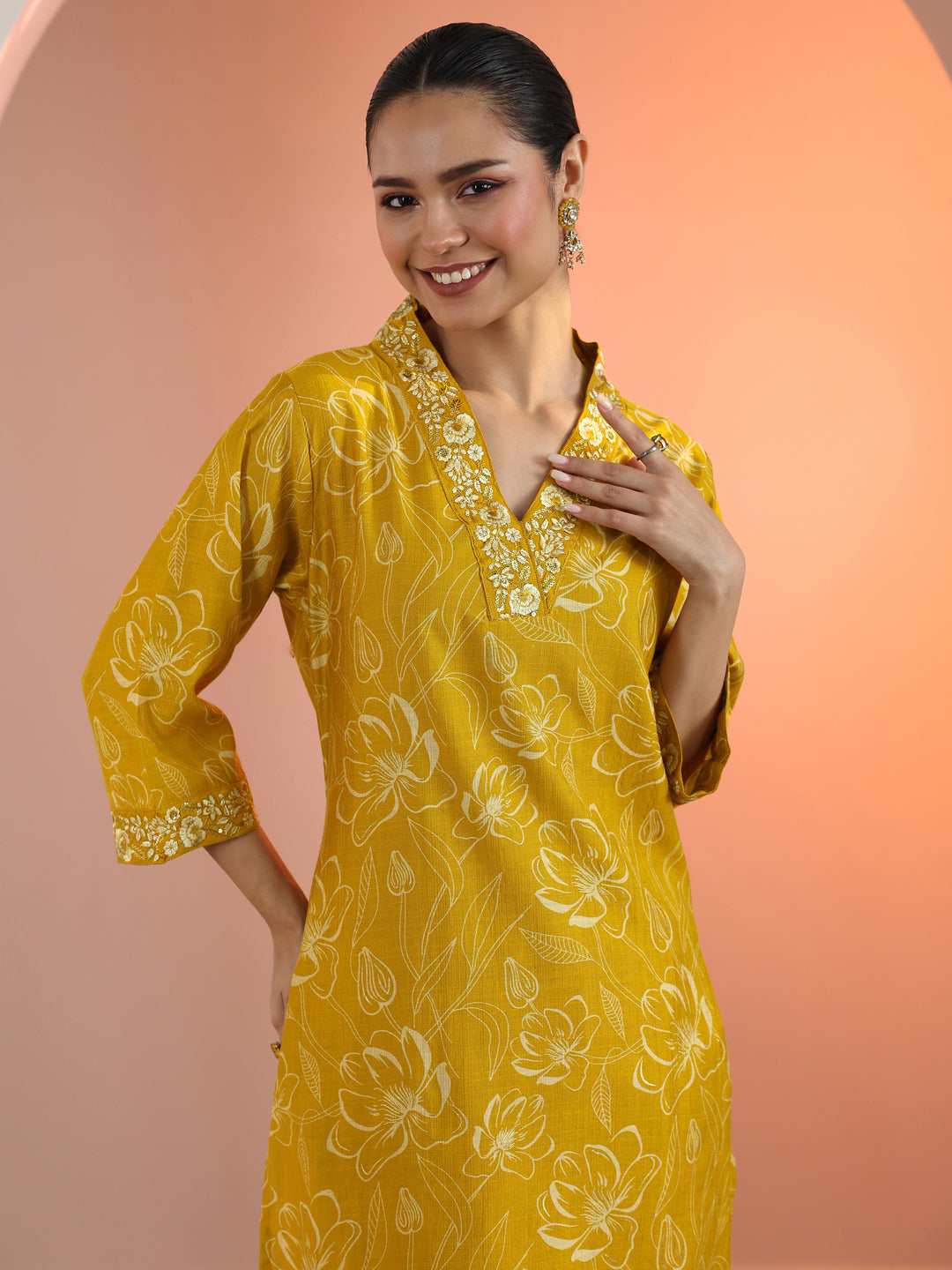Mustard Printed Silk Blend Straight Suit Set With Dupatta