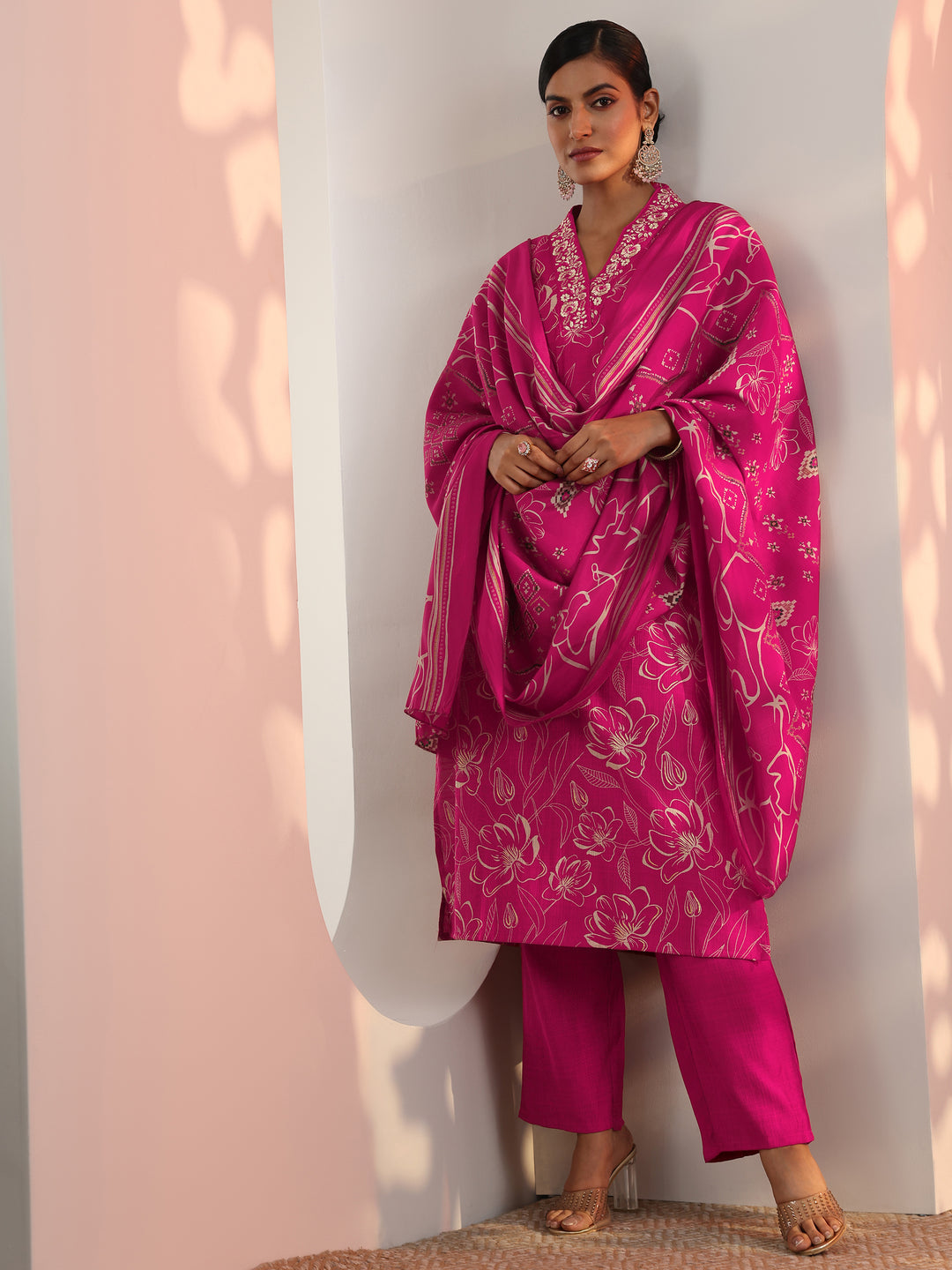 Pink Printed Silk Blend Straight Suit Set With Dupatta