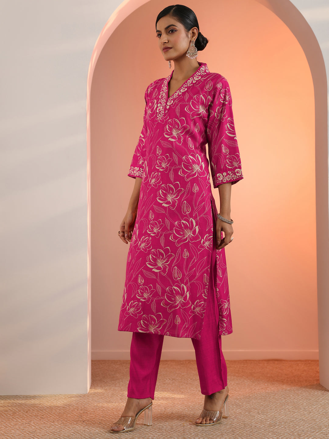 Pink Printed Silk Blend Straight Suit Set With Dupatta