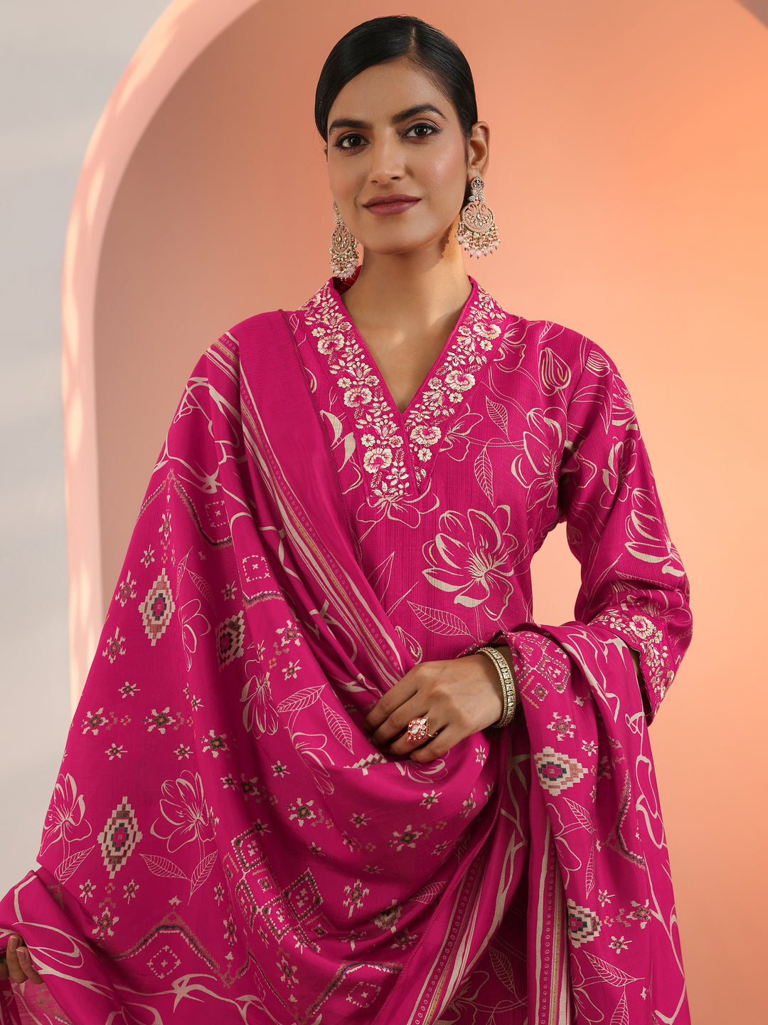 Pink Printed Silk Blend Straight Suit Set With Dupatta