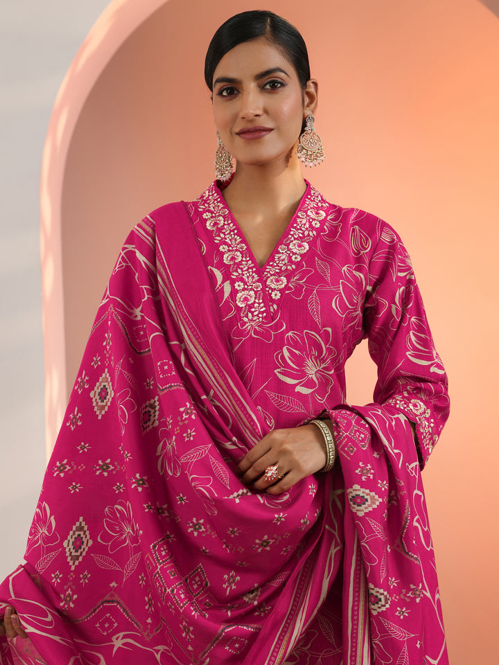 Pink Printed Silk Blend Straight Suit Set With Dupatta