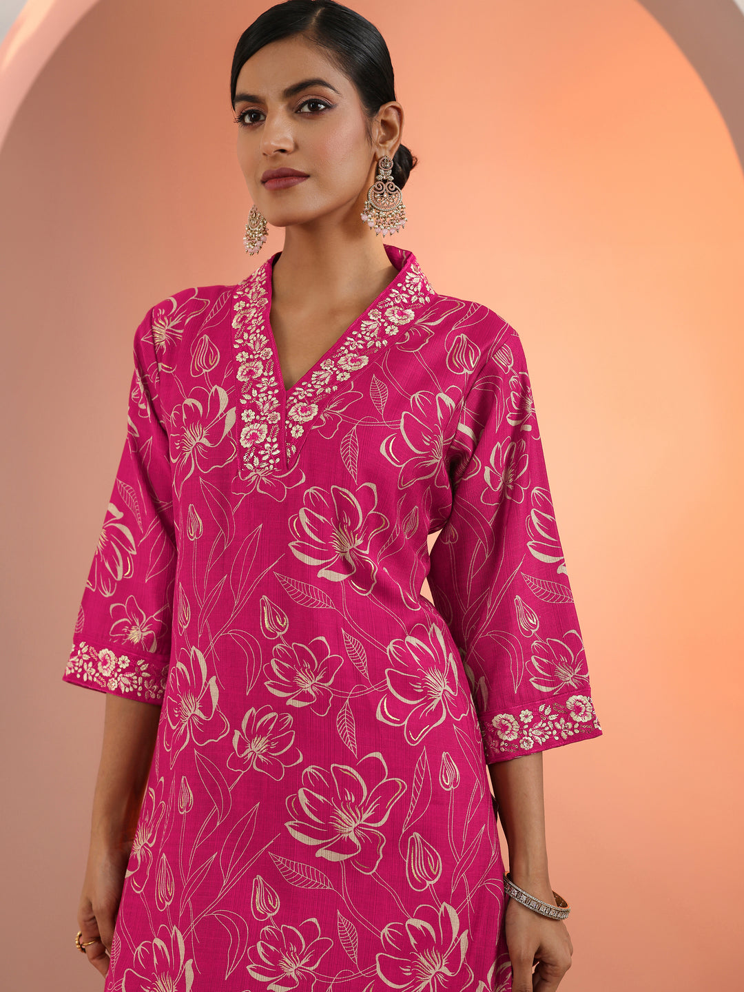 Pink Printed Silk Blend Straight Suit Set With Dupatta