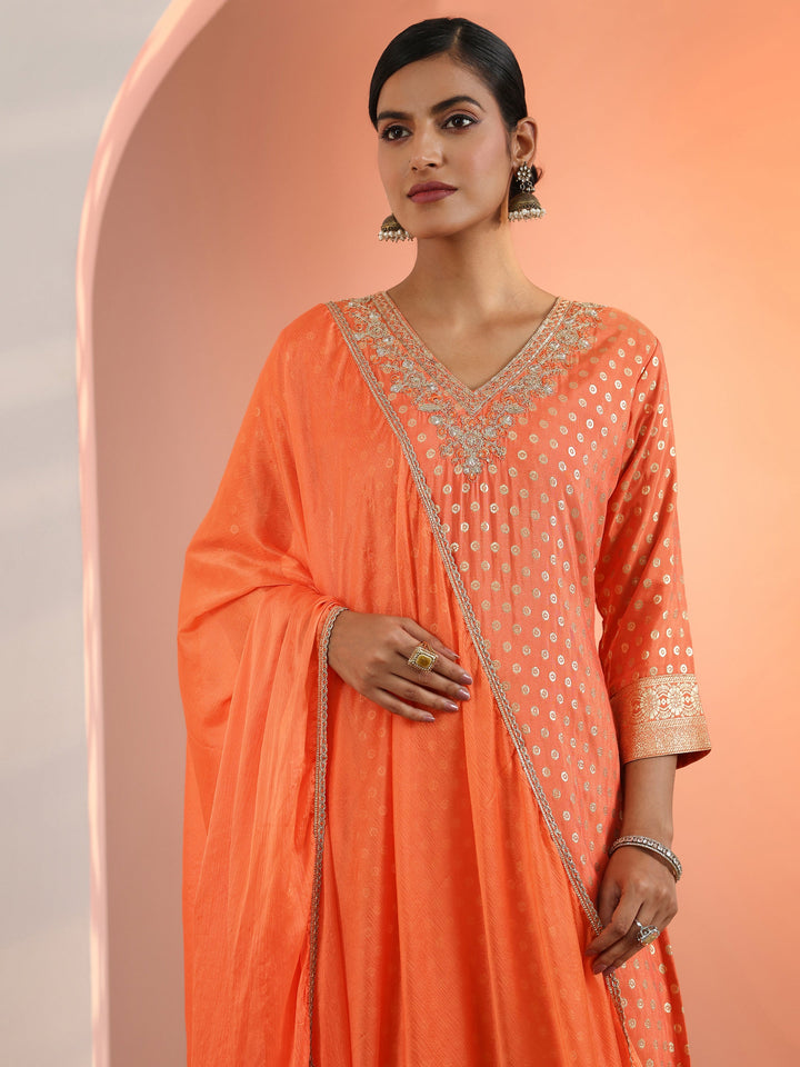 Orange Woven Design Muslin Straight Suit Set With Dupatta