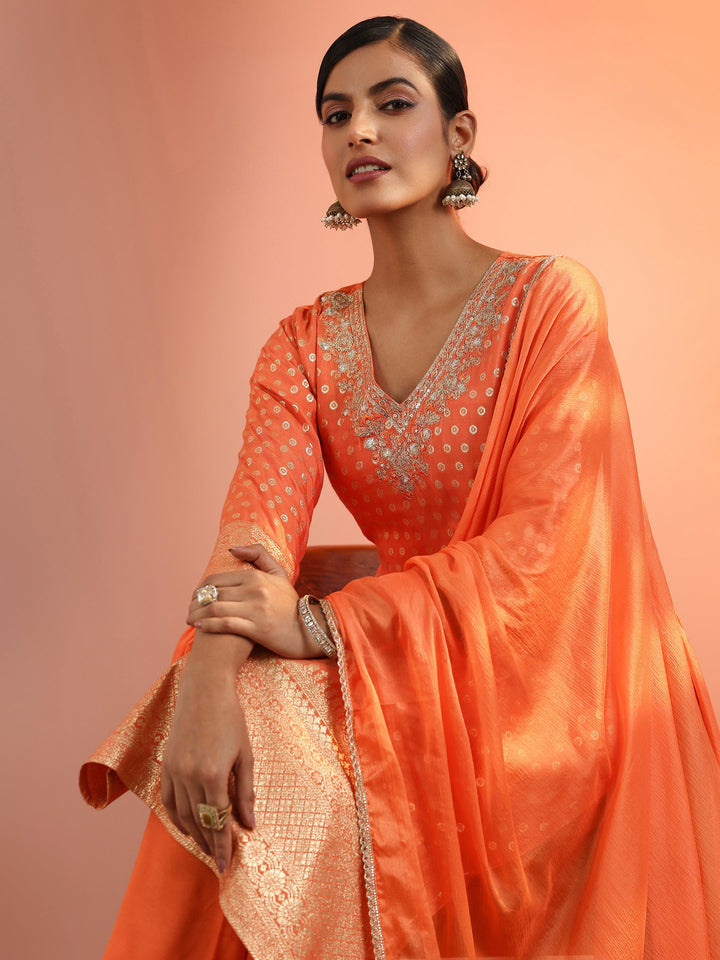 Orange Woven Design Muslin Straight Suit Set With Dupatta