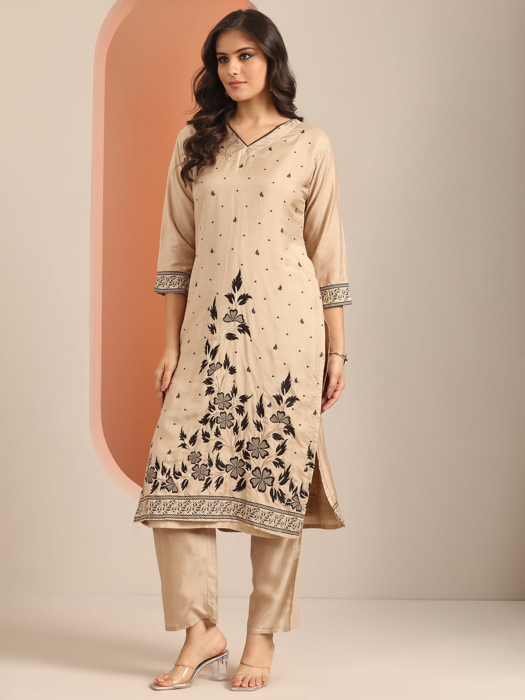 Beige Woven Design Muslin Straight Suit Set With Dupatta