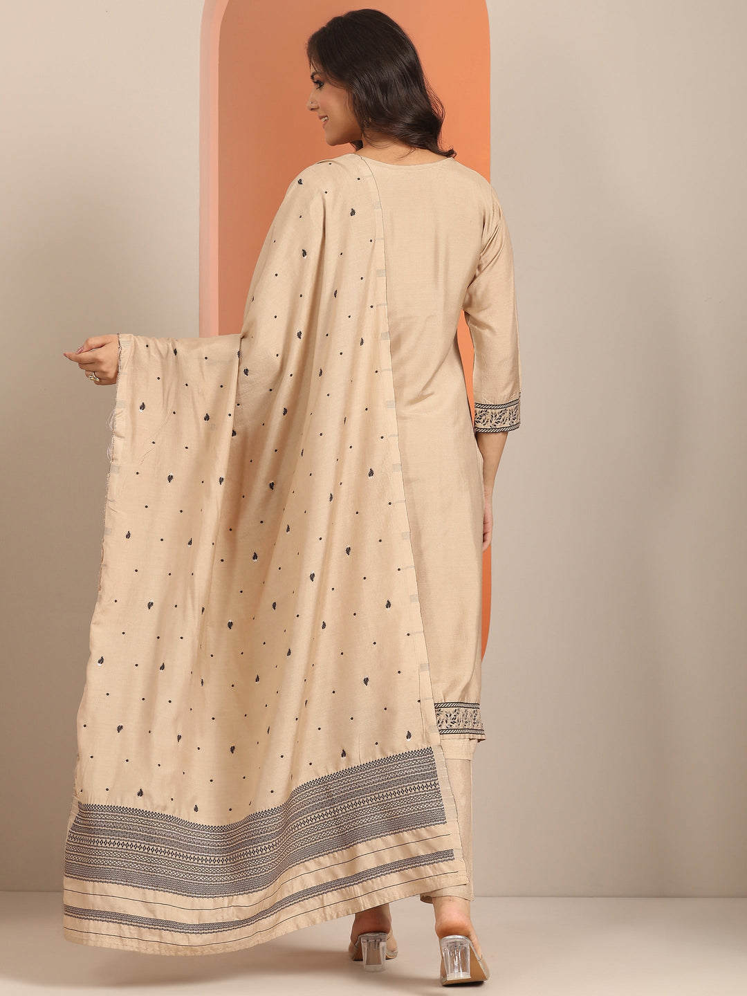 Beige Woven Design Muslin Straight Suit Set With Dupatta