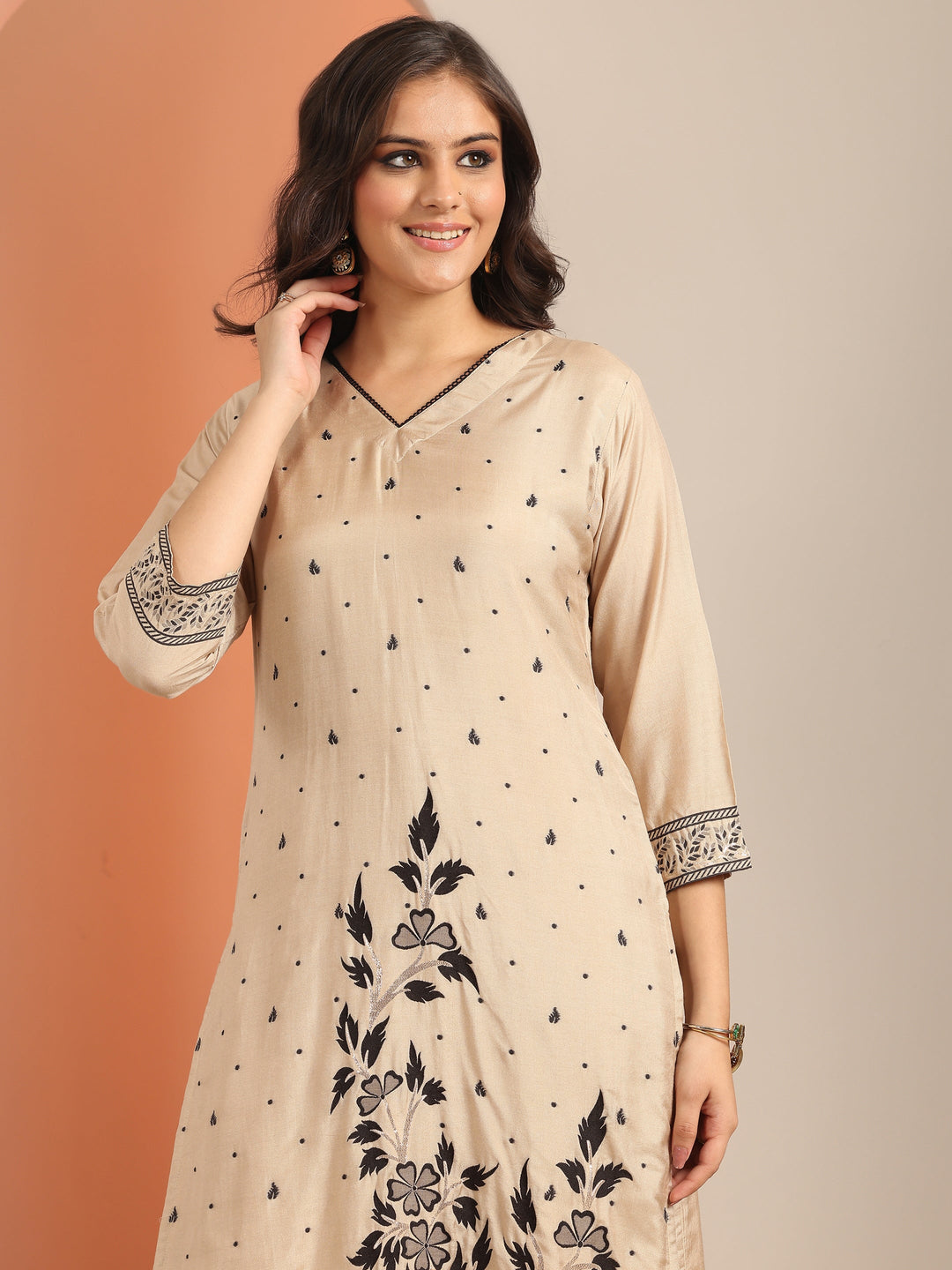 Beige Woven Design Muslin Straight Suit Set With Dupatta