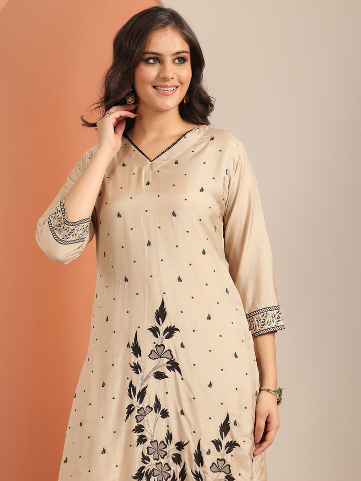 Beige Woven Design Muslin Straight Suit Set With Dupatta