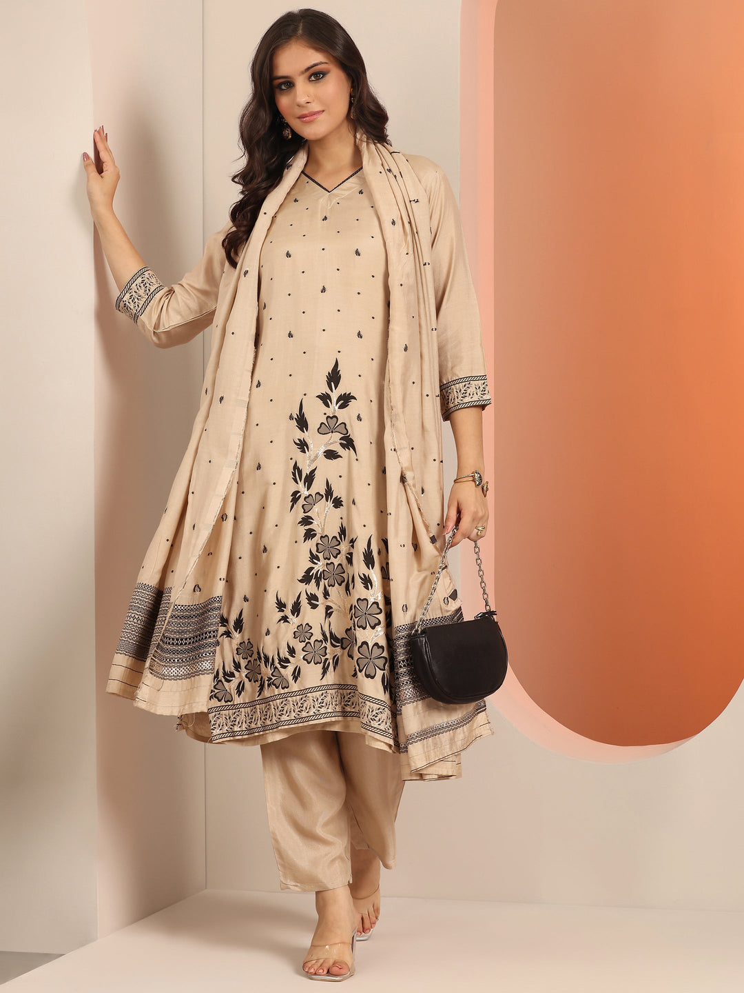 Beige Woven Design Muslin Straight Suit Set With Dupatta