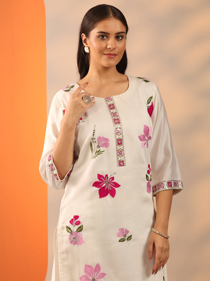 White Embroidered Silk Blend Straight Suit Set With Dupatta