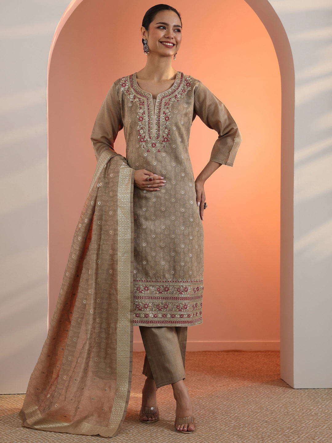Tan Embroidered Silk Blend Straight Suit Set With Dupatta