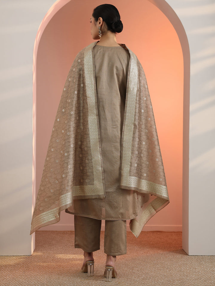 Tan Embroidered Silk Blend Straight Suit Set With Dupatta