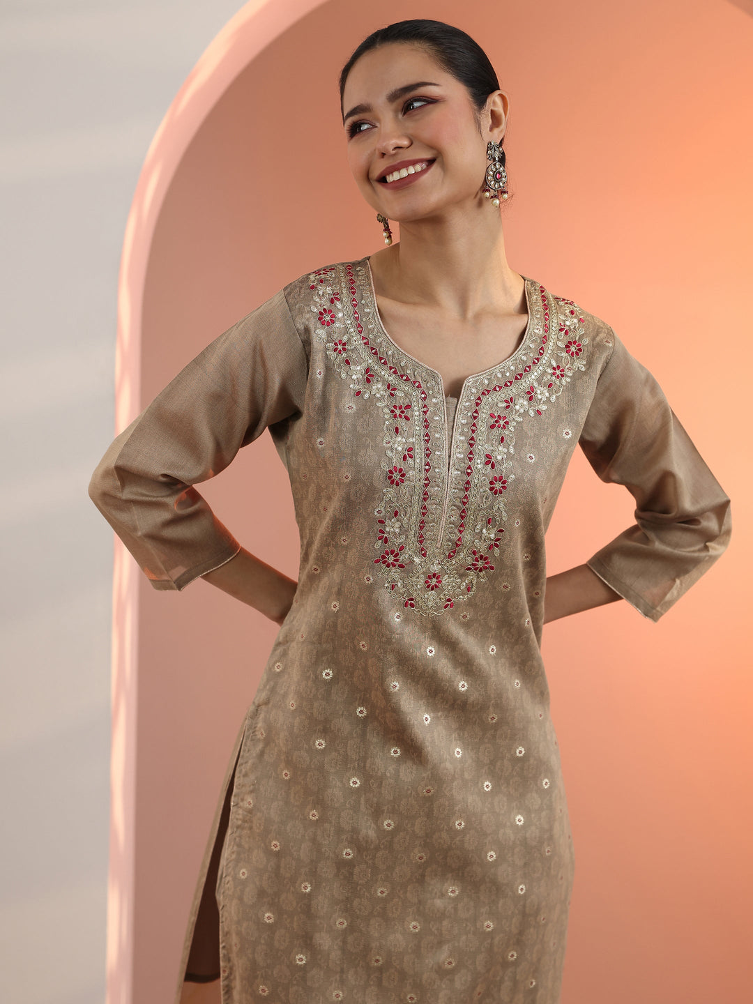 Tan Embroidered Silk Blend Straight Suit Set With Dupatta