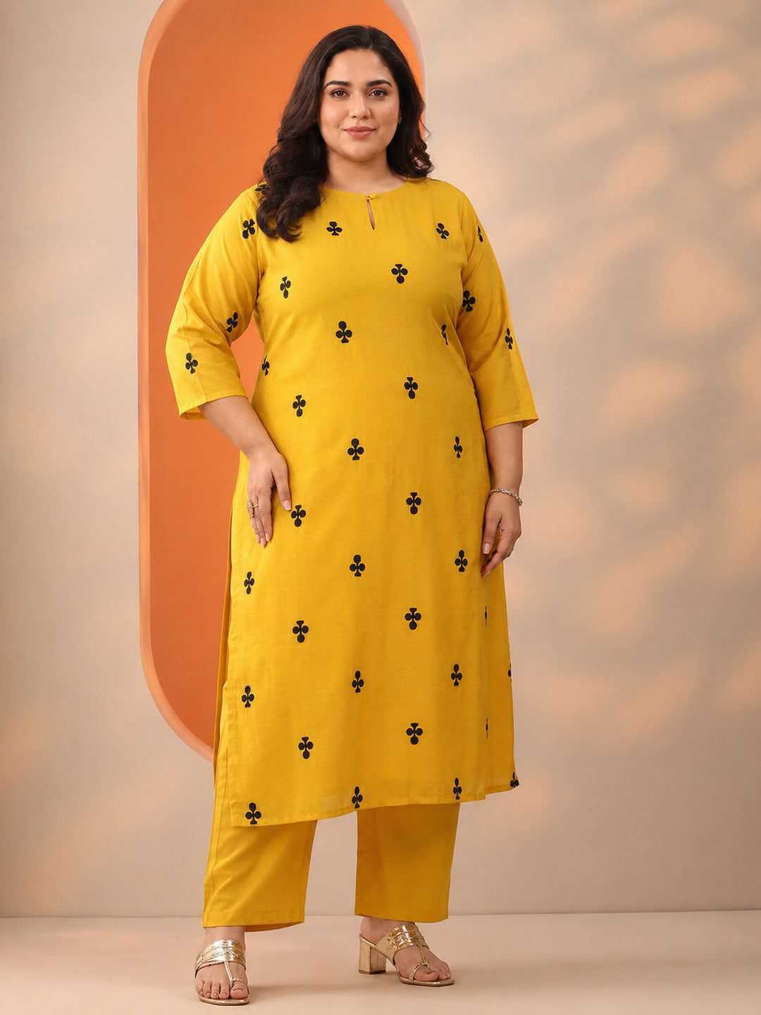 Plus Size Mustard Embroidered Cotton Blend Straight Suit Set With Dupatta
