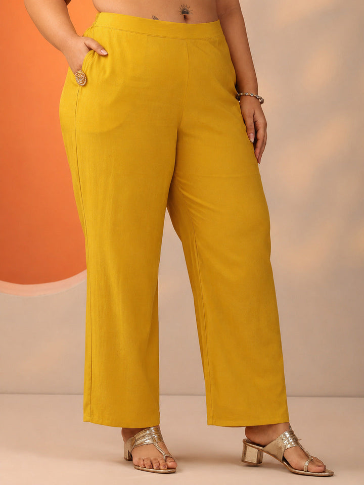Plus Size Mustard Embroidered Cotton Blend Straight Suit Set With Dupatta
