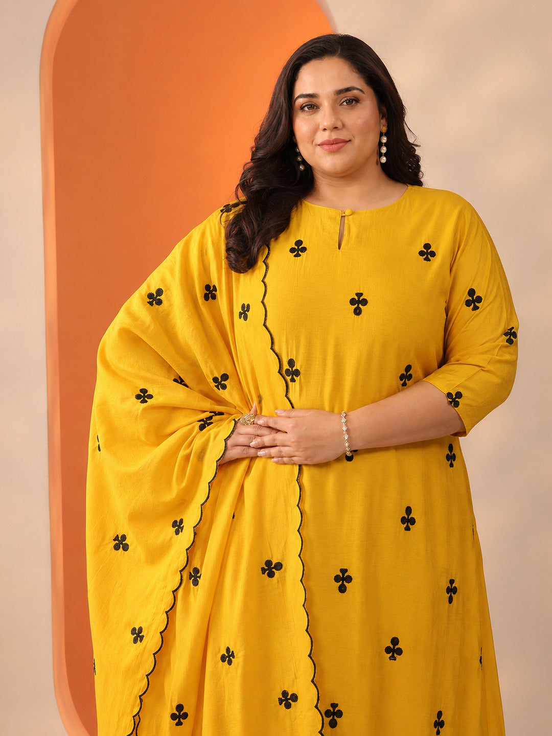 Plus Size Mustard Embroidered Cotton Blend Straight Suit Set With Dupatta