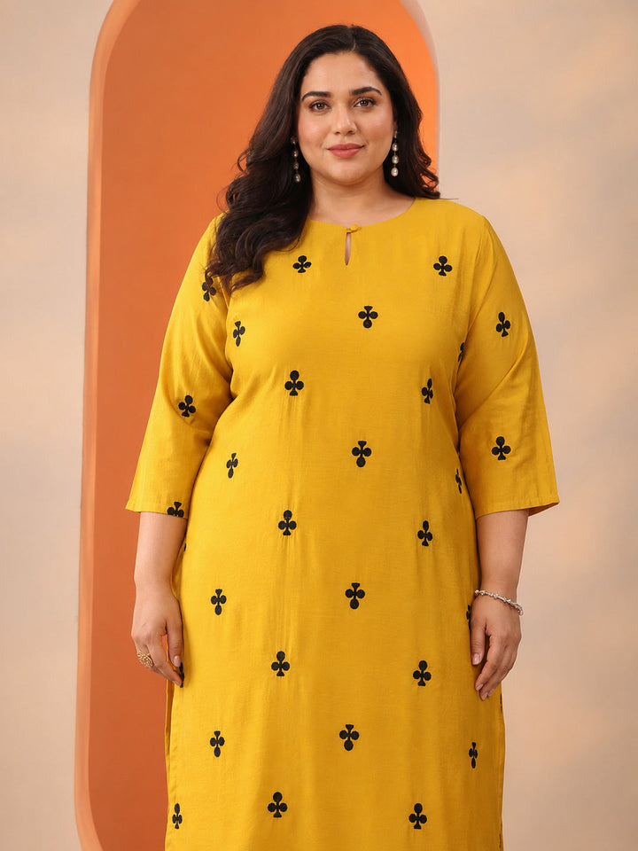 Plus Size Mustard Embroidered Cotton Blend Straight Suit Set With Dupatta