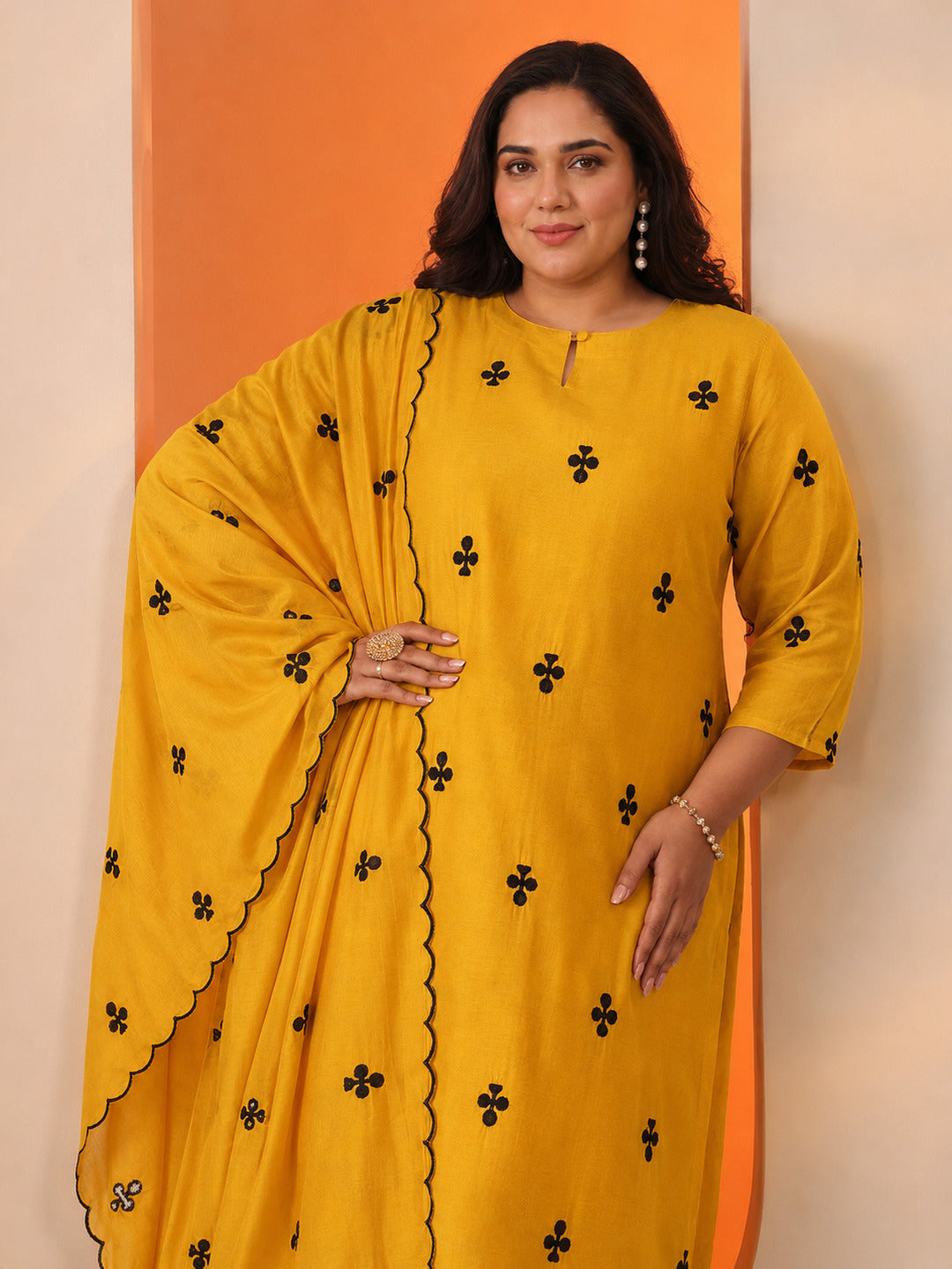Plus Size Mustard Embroidered Cotton Blend Straight Suit Set With Dupatta