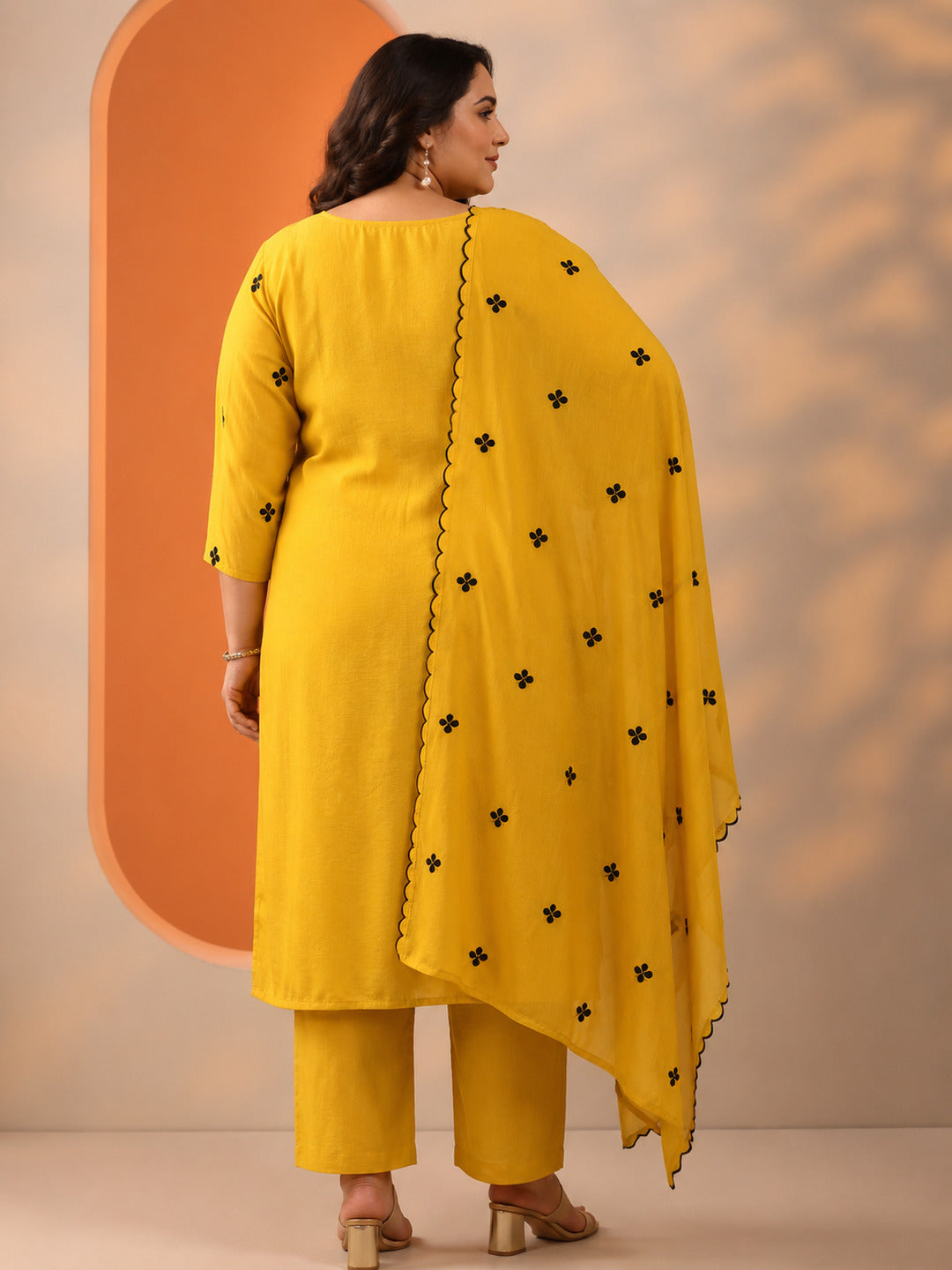 Plus Size Mustard Embroidered Cotton Blend Straight Suit Set With Dupatta