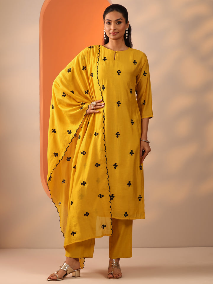 Mustard Embroidered Cotton Blend Straight Suit Set With Dupatta