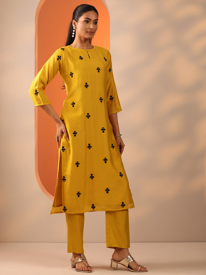 Mustard Embroidered Cotton Blend Straight Suit Set With Dupatta