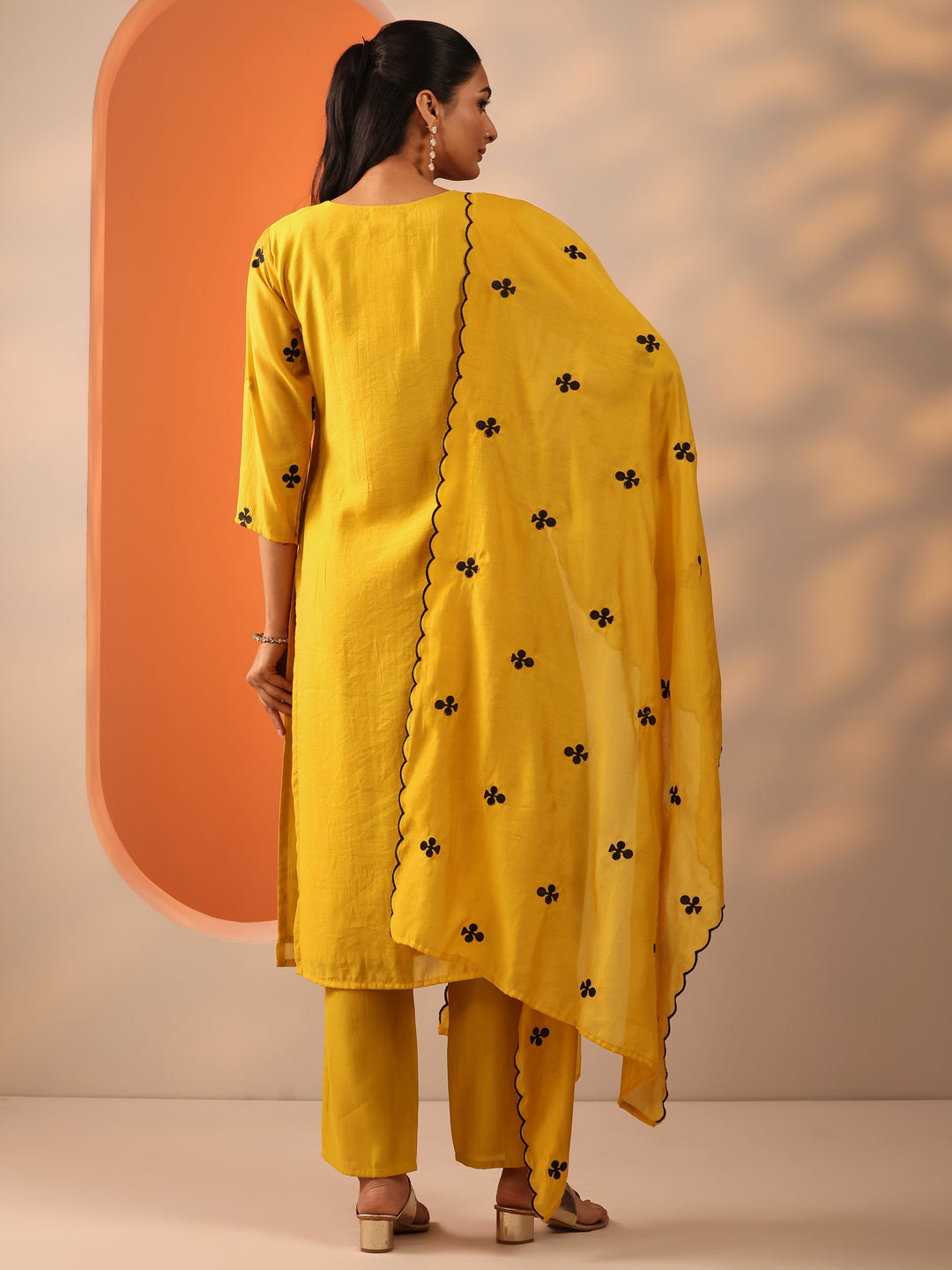 Mustard Embroidered Cotton Blend Straight Suit Set With Dupatta
