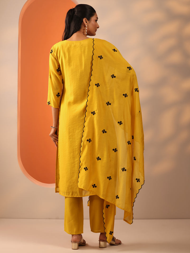 Mustard Embroidered Cotton Blend Straight Suit Set With Dupatta