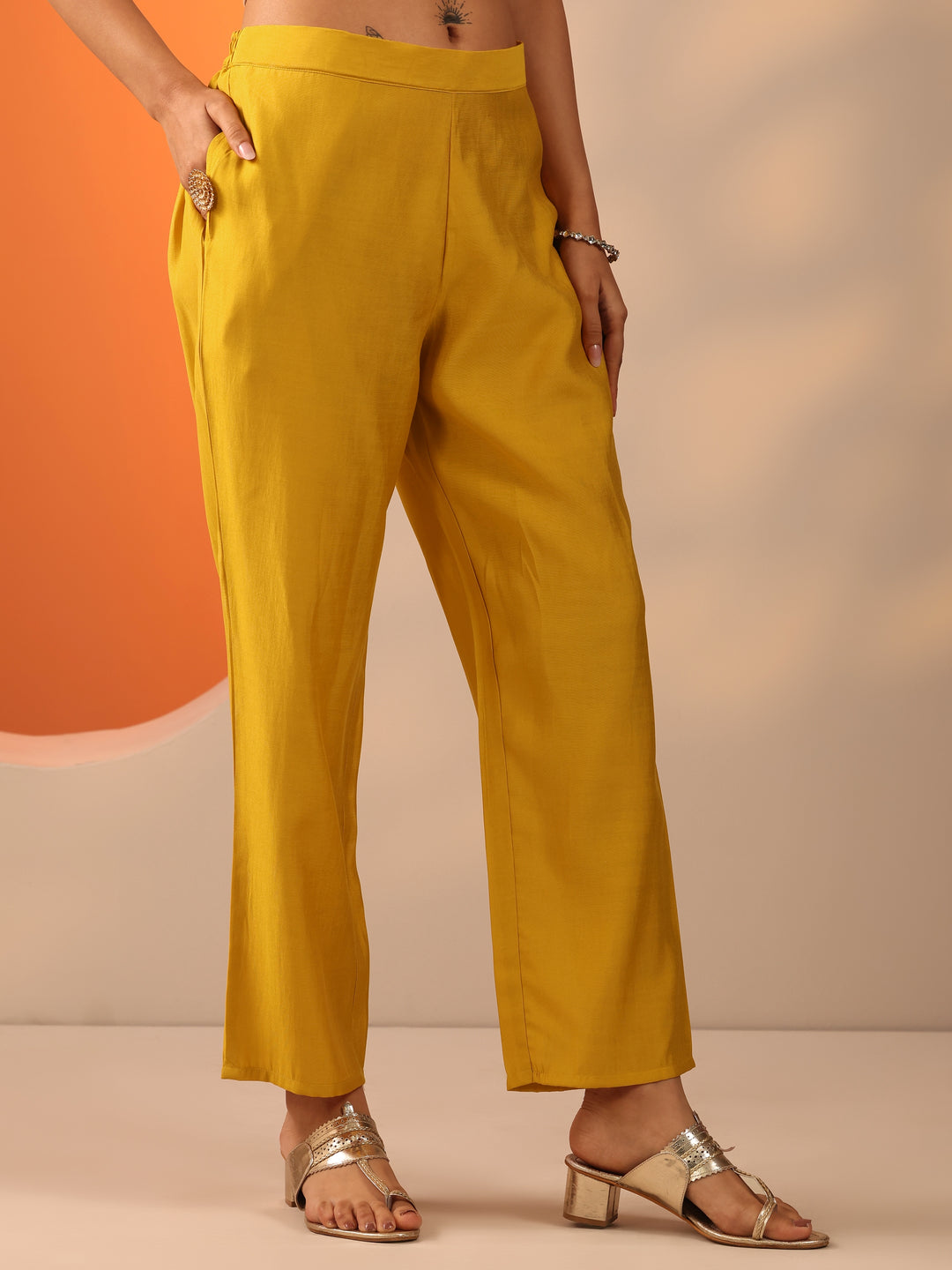 Mustard Embroidered Cotton Blend Straight Suit Set With Dupatta