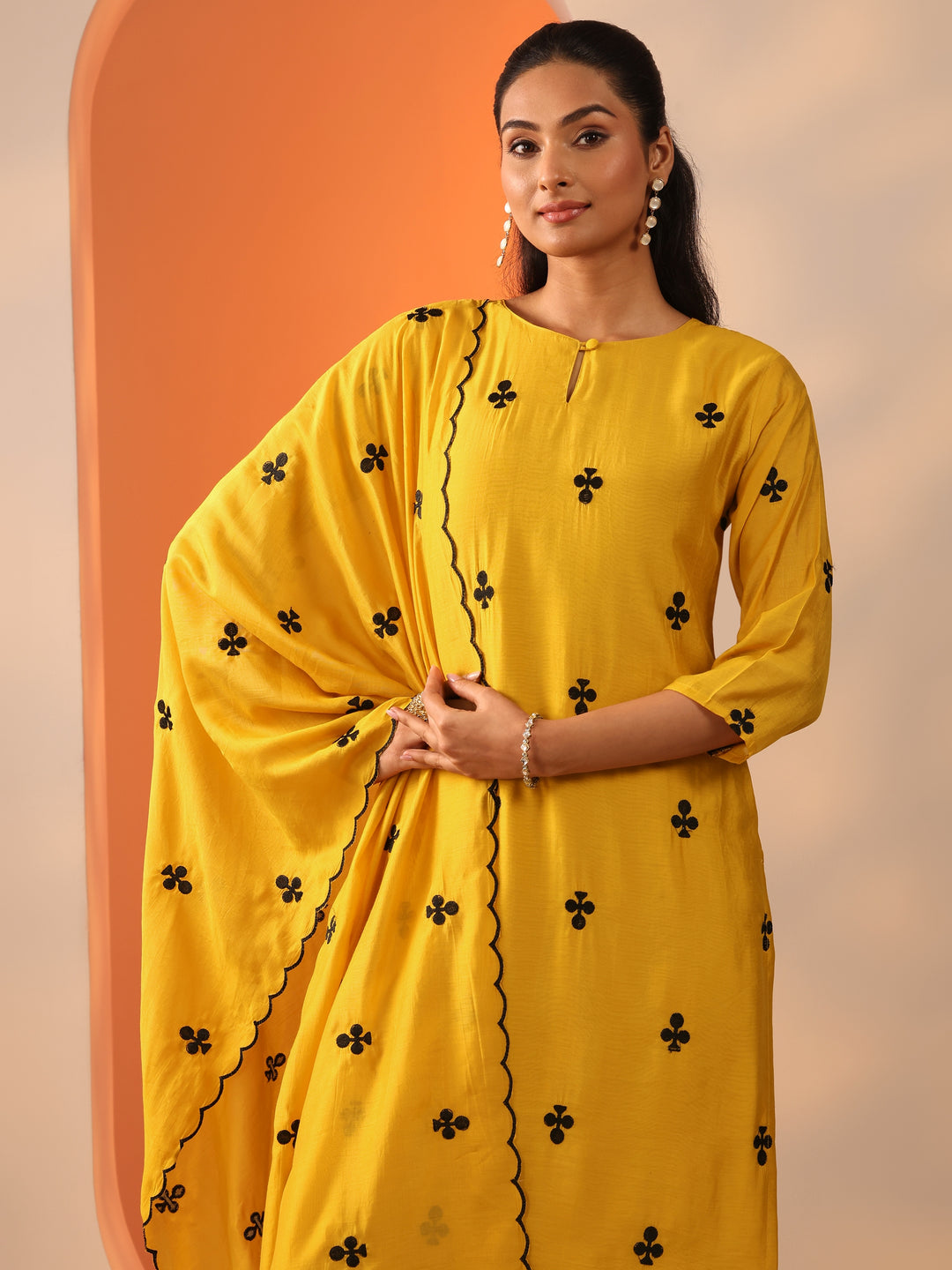 Mustard Embroidered Cotton Blend Straight Suit Set With Dupatta