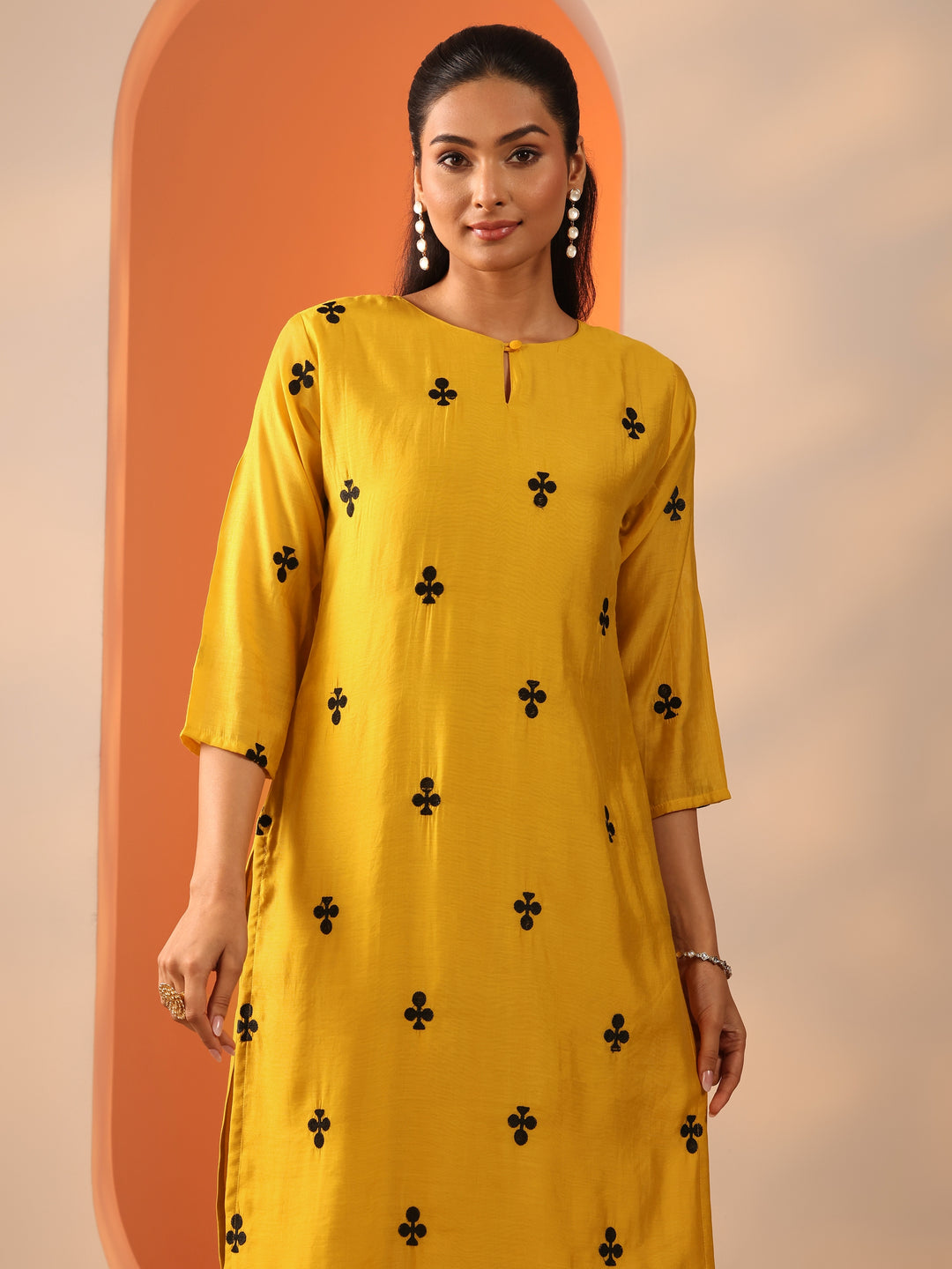 Mustard Embroidered Cotton Blend Straight Suit Set With Dupatta