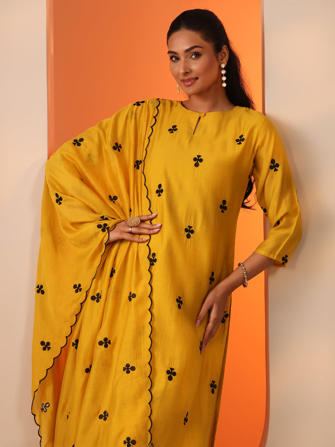 Mustard Embroidered Cotton Blend Straight Suit Set With Dupatta