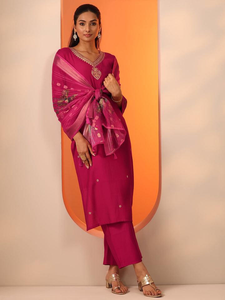 Pink Embroidered Silk Blend Straight Suit Set With Dupatta